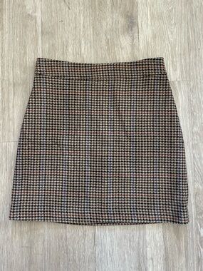 J.Crew Wool Blend Mini Skirt Size 8 Houndstooth Plaid Brown Preppy Classic